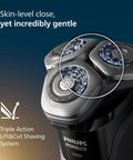Wet And Dry Electric Shaver With SenseIQ Technology For A No Nonsense Close Shave And Skin Comfort, Triple Lift And Cut System For Tough Areas, 360 Rotating Dual Steel Precision Blades, Nose Trimmer, Model X9000 90 black shaver head close-up