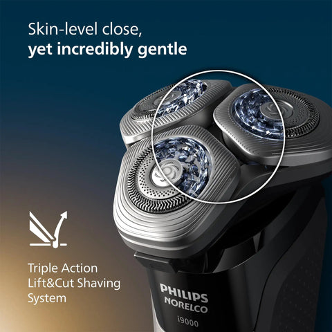 Wet And Dry Electric Shaver With SenseIQ Technology For A No Nonsense Close Shave And Skin Comfort, Triple Lift And Cut System For Tough Areas, 360 Rotating Dual Steel Precision Blades, Nose Trimmer, Model X9000 90 black shaver head close-up