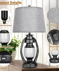 3-Way Dimmable Touch Control Table Lamps Set Of 2 With Cozy Farmhouse Lantern Nightlight, gray fabric shade, USB port, details view
