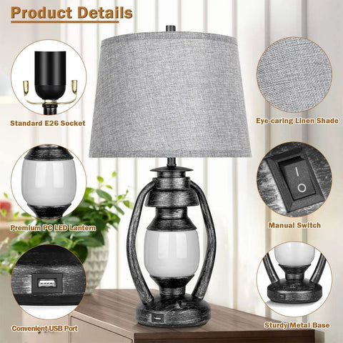3-Way Dimmable Touch Control Table Lamps Set Of 2 With Cozy Farmhouse Lantern Nightlight, gray fabric shade, USB port, details view