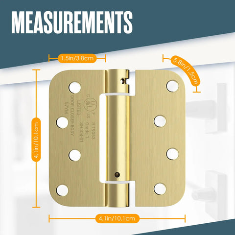 Image showing Spring Loaded Self Closing Door Hinges 4 Inch Auto Close Kit With Adjustable Tension Brass Five Eighths Radius Corner