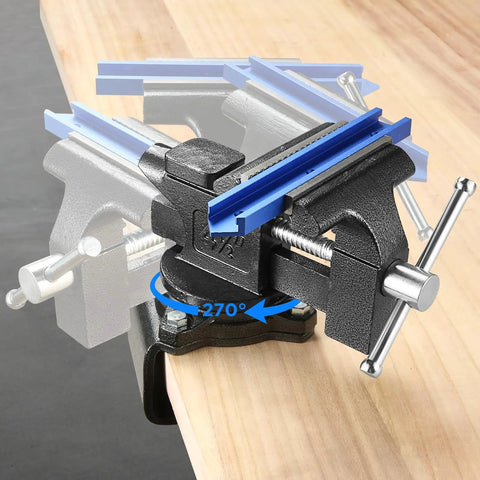 Beefy Heavy Duty Bench Vise Four And A Half Inch Table Vise With Two In One Soft Jaws And A 270 Degree Swivel Base For Woodworking Home Workshop Welding And DIY Projects Clamps To Table Or Attaches To Your Workbench, 4.5 in vise on workbench, 270° swivel base