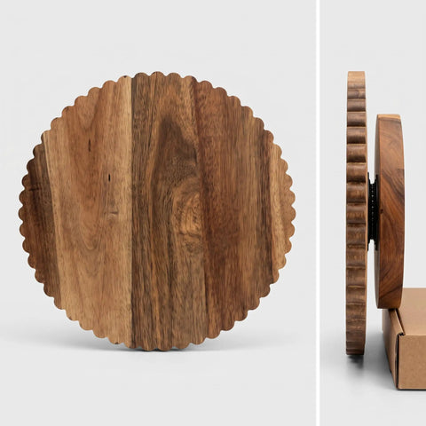 13 Inch Acacia Wood Cake Stand With Lazy Susan Rotating Turntable Decorator Choice Scalloped Wooden Server Kitchen MVP side view