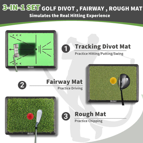 All-In-One Golf Hitting Mats Trainer For Driving, Chipping And Putting with 3 turf options: Divot, Fairway, Rough.