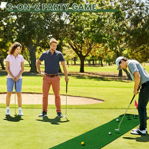 Group playing Indoor Outdoor Putt Putt Golf Game Set With Two Adjustable Two Way Putters From 21 To 37 Inches on grass, includes two balls and flags.