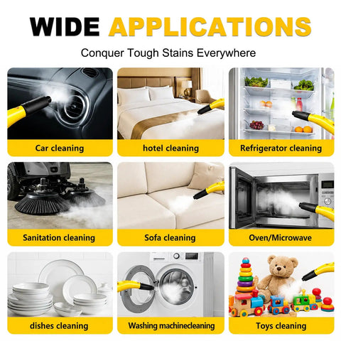 Wide applications of Professional 3000W Steam Cleaner With 3.5L Tank for car, hotel, kitchen, and toy cleaning.