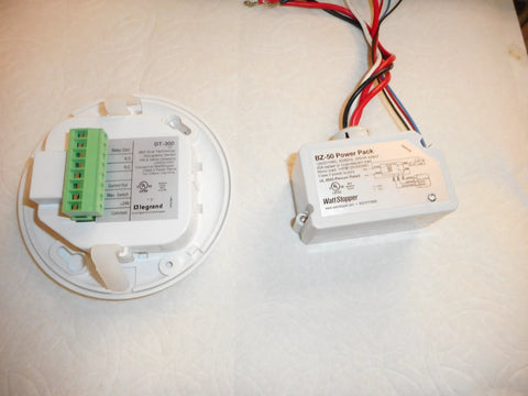 DT-300 Ceiling Occupancy Sensor With 360 Degree Coverage And Low Profile Design, sensor and power pack components visible