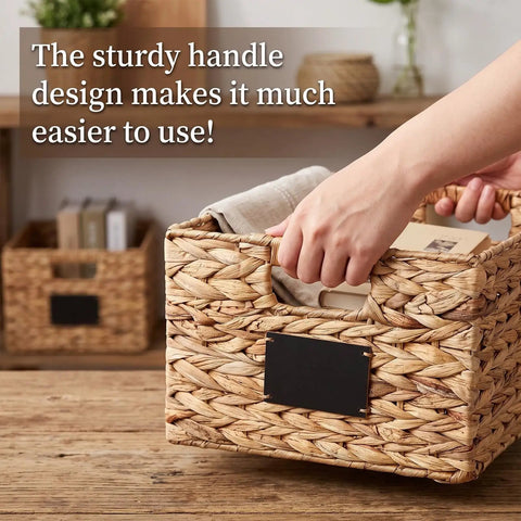 Hands holding Two Pack Wicker Storage Baskets Rectangular Water Hyacinth Organizer For Shelving Foldable Woven Pantry Baskets