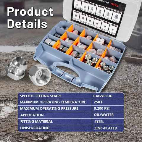 All In One Pro Grade Heavy Duty 72 Piece Hydraulic JIC Plug And Cap Kit With 37 Degree Flare Fittings Carbon Steel Hose Caps And Plugs For Industrial Use Covering Sizes From 4 To 16 displayed open with fittings visible