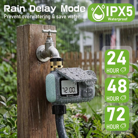 Solar Powered Hose Timer with Brass Swivel in rain delay mode, attached to outdoor faucet with digital display