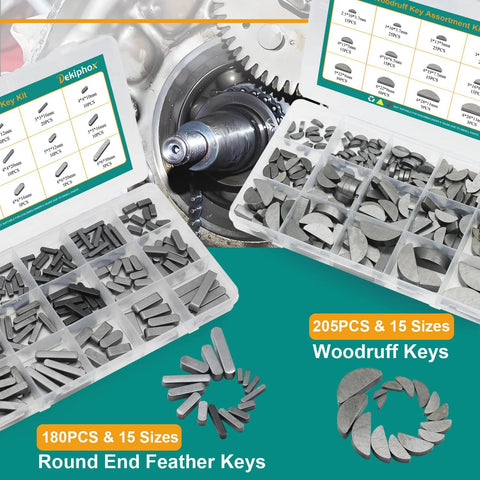 Woodruff key assortment kit with 205pcs woodruff keys and 180pcs round-ended feather keys in plastic cases.