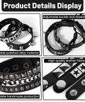 Dope Eight Piece Punk Rock Studded Leather Bracelet Set With Adjustable Spiked Zinc Cuffs For That Raw 80s Concert Vibe, detailed views of leather and alloy materials.