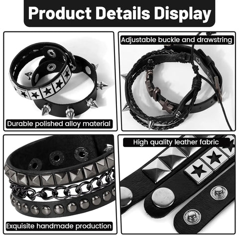Dope Eight Piece Punk Rock Studded Leather Bracelet Set With Adjustable Spiked Zinc Cuffs For That Raw 80s Concert Vibe, detailed views of leather and alloy materials.