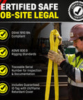 Worker holding Yellow Round Sling 4 Ft Built Tough Heavy Duty Endless Polyester Rigging Sling For Lifting And Material Handling Made In USA 8400 Lb Vertical 6720 Lb Choker 16800 Lb Basket Capacity Double Ply Cover