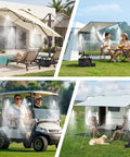 Beat The Heat Anywhere Portable Misting System in use by pool, canopy, golf cart, and camper with 20L water bucket and misting hose