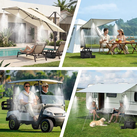 Beat The Heat Anywhere Portable Misting System in use by pool, canopy, golf cart, and camper with 20L water bucket and misting hose