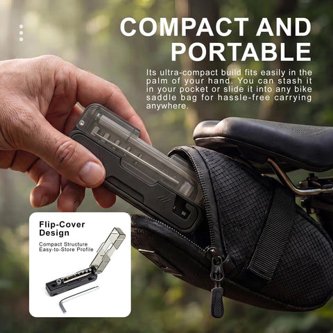Hand placing Compact Bike Repair Tool Kit With Flip Case L Ball End Hex Wrench 7 S2 Bits into bike saddle bag