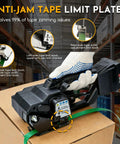 Cordless Electric Strapping Tool For Pet And Pp Straps Featuring Adjustable Tension Up To 3500N with anti-jam tape limit features.