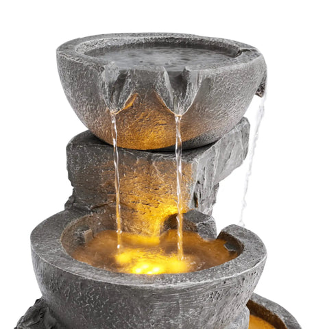 Cascading Bowls LED Outdoor Water Fountain With Stacked Stone Base For Gardens Patios Lawns And Balconies