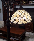 Tiffany Style Floor Lamp With Jeweled Beaded Arched Design, 62 Inch Tall Stained Glass Yellow Vintage Lamp in living room