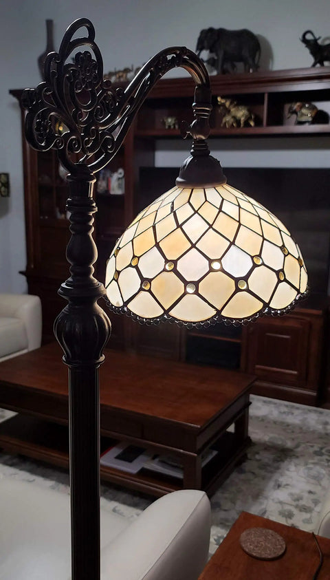 Tiffany Style Floor Lamp With Jeweled Beaded Arched Design, 62 Inch Tall Stained Glass Yellow Vintage Lamp in living room