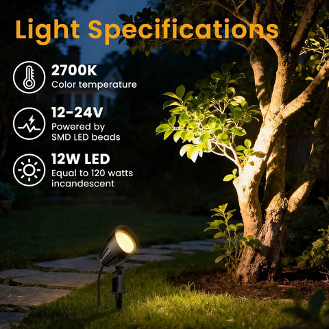 Low Voltage Landscape Lighting Kit With 100W Transformer, illuminating tree at night, warm 2700K glow, highlighting specifications.