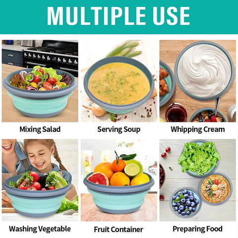 Collapsible Silicone Bowls Set Of 3 With Lids BPA Free Food Grade Camping Dinnerware multiple uses with salad, soup, and fruit.