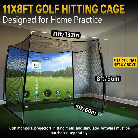 11x8Ft Golf Practice Net With Impact Screen, indoor home setup, heavy duty steel frame, displayed in a room for practice
