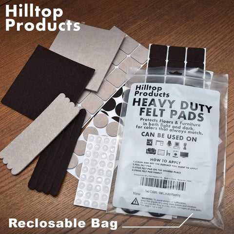 Top Shelf Furniture Felt Pads 165 Piece Bundle With Heavy Duty Self Adhesive Scratch Proof Floor Savers For Hardwood And Laminate Featuring Transparent Noise Reducing Bumpers And Super Slick Trim Jobs For A Sweet Home Setup in a reclosable bag with various felt pad shapes.