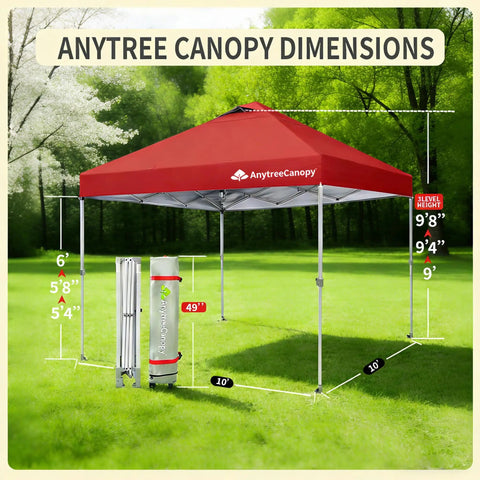 10x10 Pop Up Canopy Tent With Easy Up Setup Waterproof Outdoor Shelter On Wheels Red Ventilated Sun Shade For Patio Backyard Parties And Camping Ideal For Picnics And Events, showing assembled red canopy with wheels bag in a grassy area