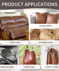 Product applications showing self adhesive leather repair patch kit for couches sofas and car seats ultra durable PU vinyl leather repair tape waterproof dark brown 3.9x79 inch easy patch up for furniture and auto interiors.