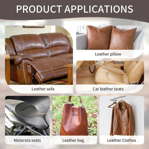 Product applications showing self adhesive leather repair patch kit for couches sofas and car seats ultra durable PU vinyl leather repair tape waterproof dark brown 3.9x79 inch easy patch up for furniture and auto interiors.