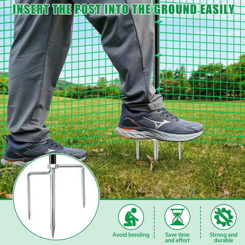 Heavy Duty Portable Temporary Fence 36 Inch Tall, 50 Foot Long Garden Fence for Dogs and Small Animals being installed with metal stakes