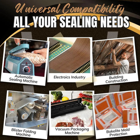 Images of Pro Grade Heavy Duty High Temp Teflon Tape For Impulse Sealer And Vacuum Sealer, various industrial uses.