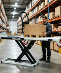 Electric Lifting Platform Cart With Hydraulic Lift Table For Heavy Duty Material Handling And Mobile Workbench On Wheels Scissor Cart For Warehouse Sorting Loading And Maintenance Tasks, in warehouse