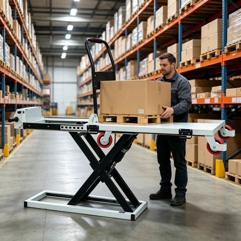 Heavy Duty Electric Scissor Lift Table Cart With Hydraulic Platform For Warehouse Sorting and Mobile Equipment Maintenance Workstation, 660 lb capacity.