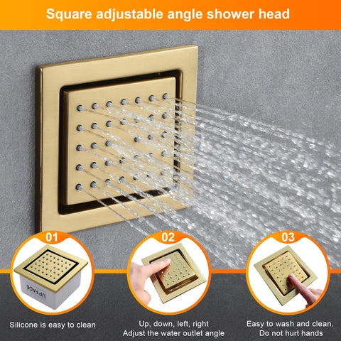 Slick 15 By 23 Inch Rectangular LED Shower Setup With Antique Brass Finish And Integrated Bluetooth Speakers Featuring A Durable Thermostatic Valve For Rainfall Waterfall And Massage Body Jets To Level Up Your Bath Game - square adjustable angle shower head with water spray.