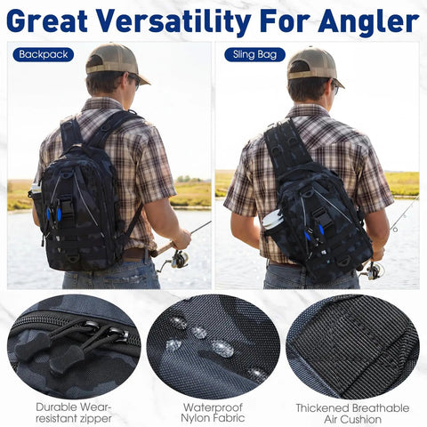Two images of man with 256 Piece All-In-One Fishing Tackle Set Backpack Kit With Tackle Box, showing black camouflage backpack features.