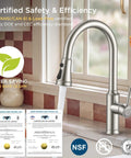 FORIOUS Kitchen Faucet with Pull Down Sprayer, Lead-Free Stainless Steel showcasing water flow and safety certifications.