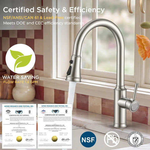 FORIOUS Kitchen Faucet with Pull Down Sprayer, Lead-Free Stainless Steel showcasing water flow and safety certifications.