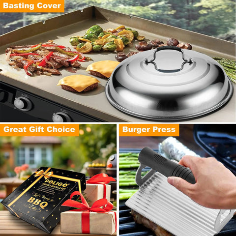 28 Piece Griddle Accessories Kit For Indoor Or Outdoor BBQ with basting cover, burger press on griddle with vegetables and burgers