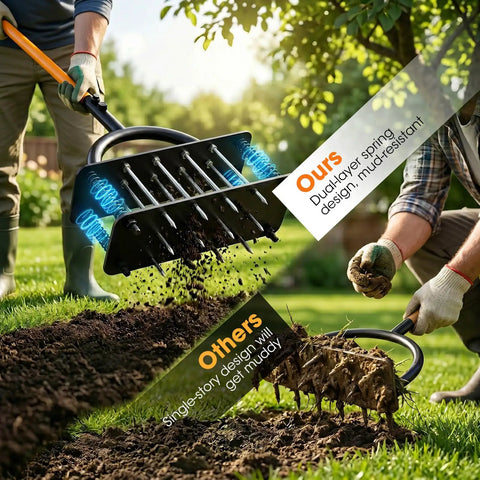 Manual Lawn Aerator With 16 Sharp Spikes In 4x4 Layout Self Cleaning Core Aerator shown in use on grass