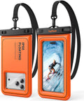 Floating Waterproof Phone Pouch 2 Pack IP68 Case For Beach Adventures And Water Sports Dry Bag For iPhone 17 16 15 Pro Max And Samsung S26 Ultra Up To Seven Inches Orange with display of surfer on phone screen.