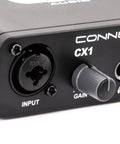 Close-up of single channel USB audio interface with 24 Bit 96KHz resolution, 48V phantom power, XLR input and gain knob visible.