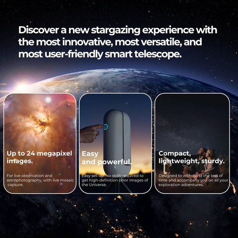 Vespera Pro Smart Telescope With Observation Station, showcasing high-res capabilities against a cosmic background.