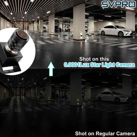 Comparison of parking garage image using 1080P USB Camera Starlight Low Light Webcam with Zoom Lens vs regular camera