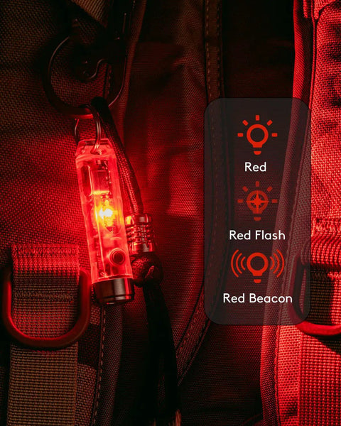 Aurora A8 G4 Keychain Flashlight USB C Rechargeable 5000K High CRI 420 Lumens clipped to backpack with red sidelight
