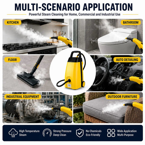 Multi-scenario application of Buff Out Dirt With This Bad Boy 3000W Commercial Steam Cleaner for various surfaces.