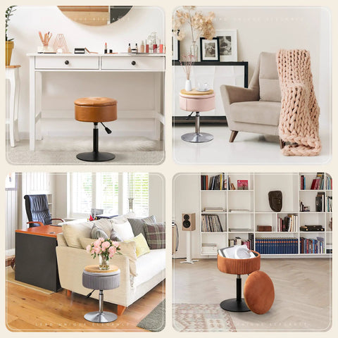 Collage of 360 Degree Swivel Vanity Stool With Hidden Storage, Whiskey Brown Faux Leather Chair in various room settings