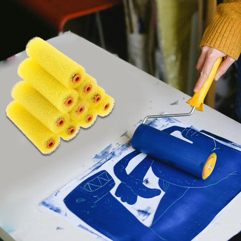 10 Piece Premium Sponge Texture Paint Rollers For Walls And Drywall Easy Replacement Sleeves Fit Standard Frames stacked beside a roller in use.